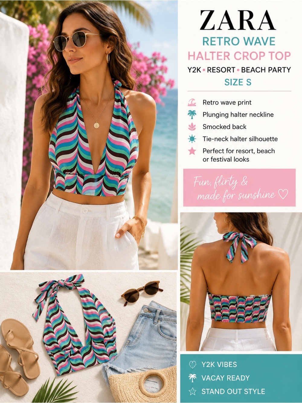 Zara Retro Wave Halter Crop Top Y2K Resort Beach Party Size S